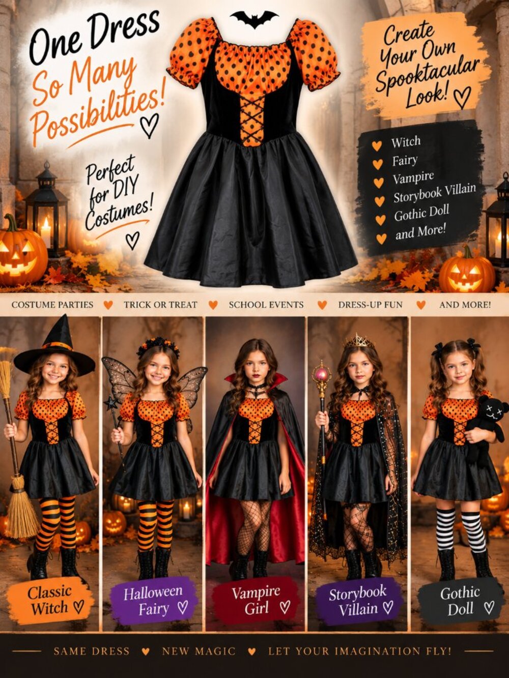 Girls 12-14 Witch Costume Black Orange Corset Dress Halloween Gothic Fairy DIY
